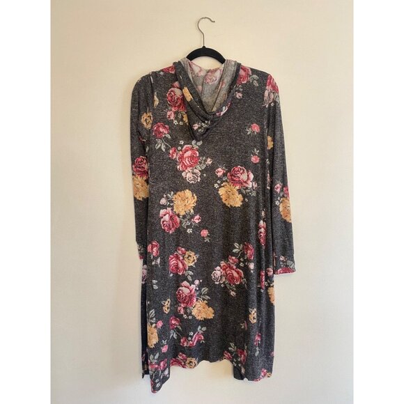 Floral Gray Longline Cardigan With Hoodie & Pockets By No Boundaries Size M - Picture 2 of 5